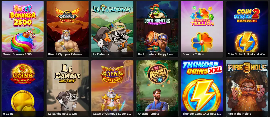 Λόμπι παιχνιδιών BangaWin Casino με δημοφιλή slots και παιχνίδια καζίνο